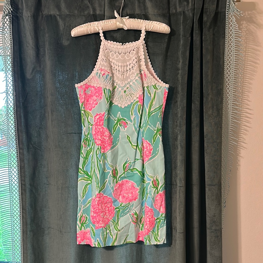 Floral Halter Dress with Pink and Green Design